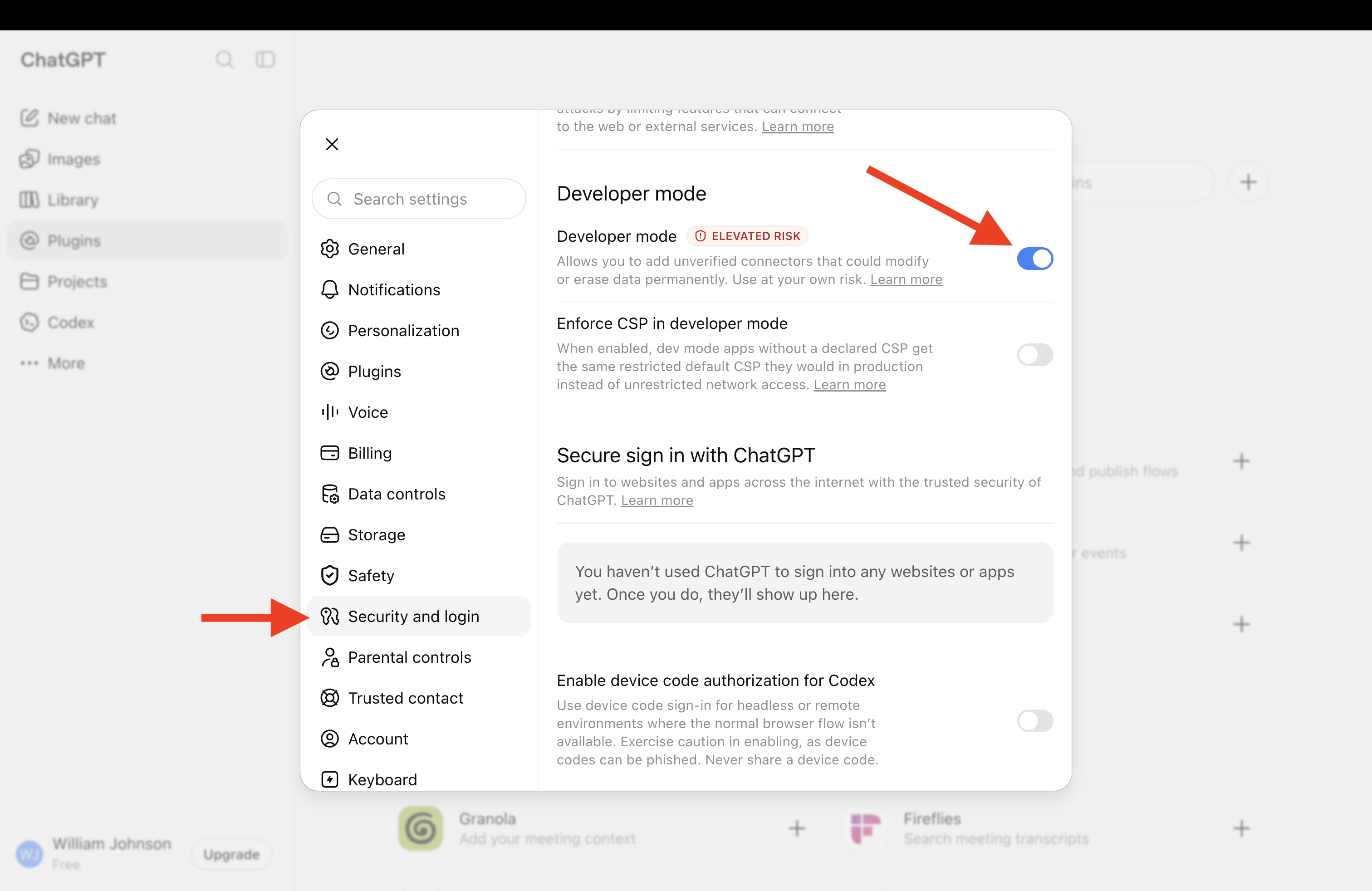 Security and login settings with Developer mode toggled on