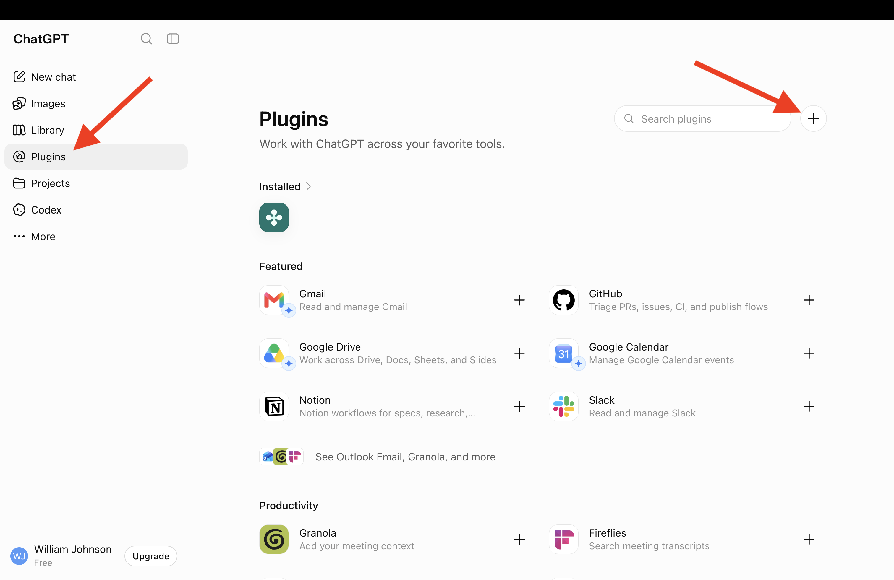 Plugins page with the add-plugin button highlighted
