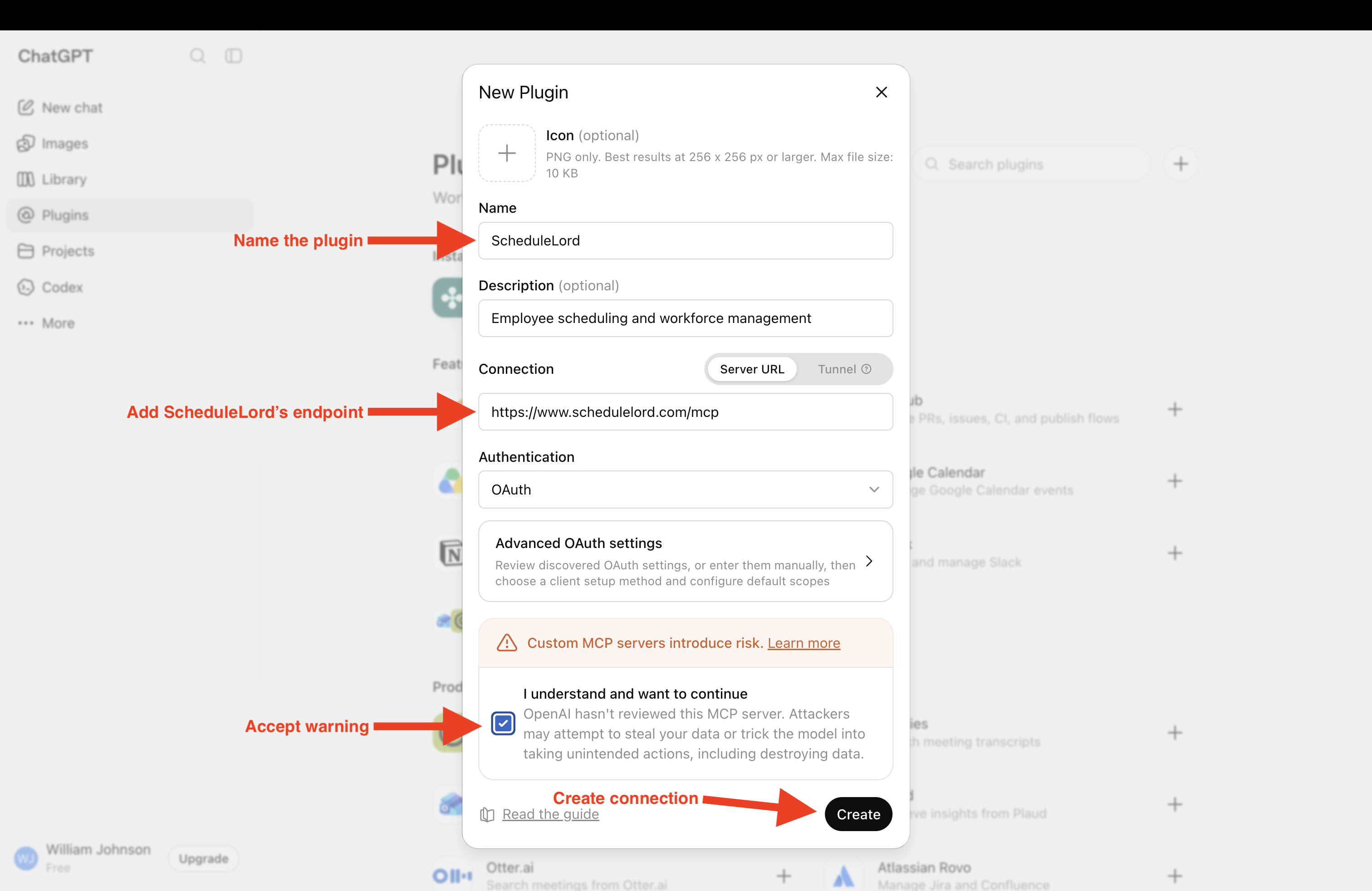 New Plugin dialog filled in with ScheduleLord's name, description, and MCP URL