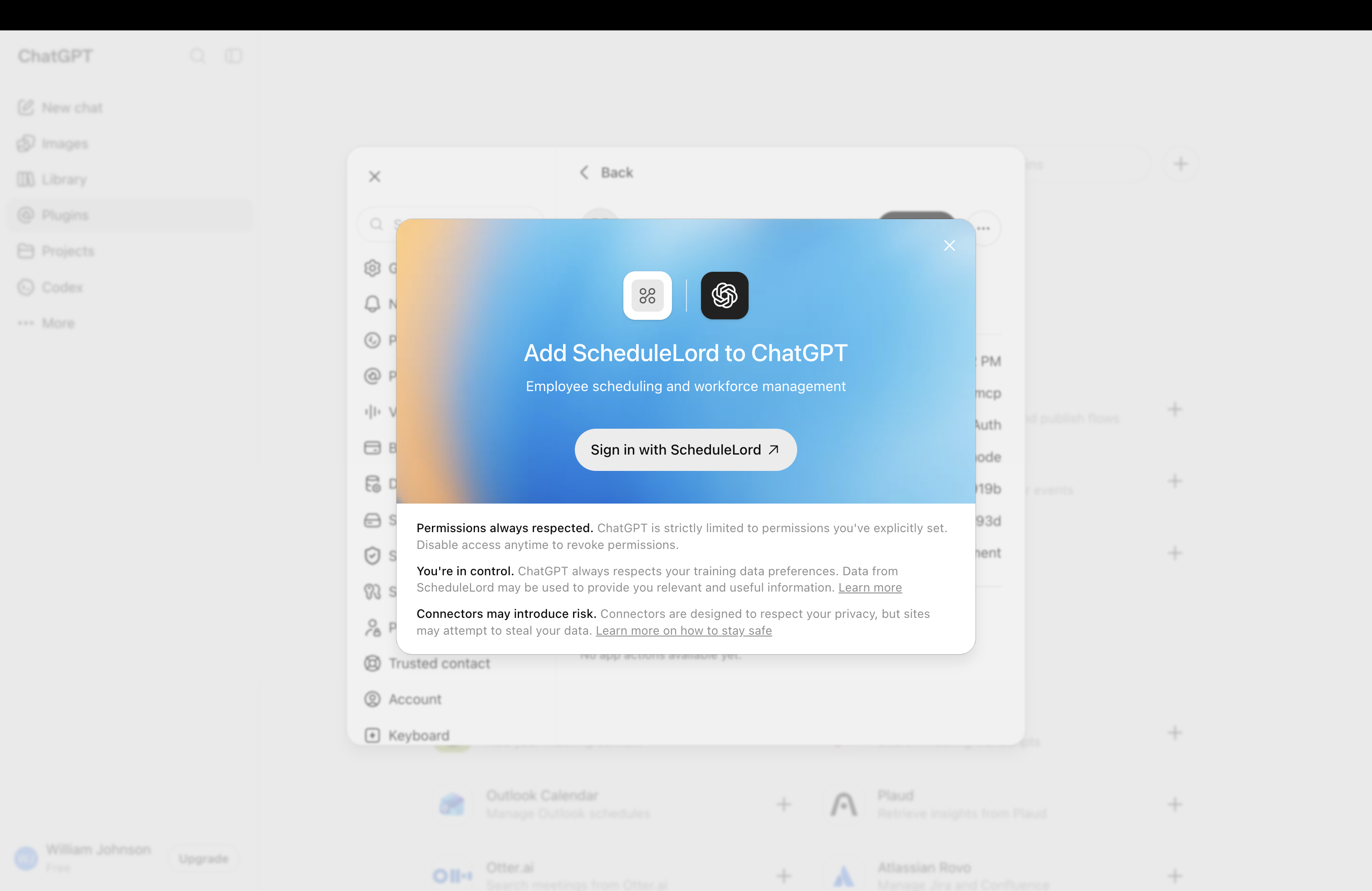 Add ScheduleLord to ChatGPT dialog with the sign-in button