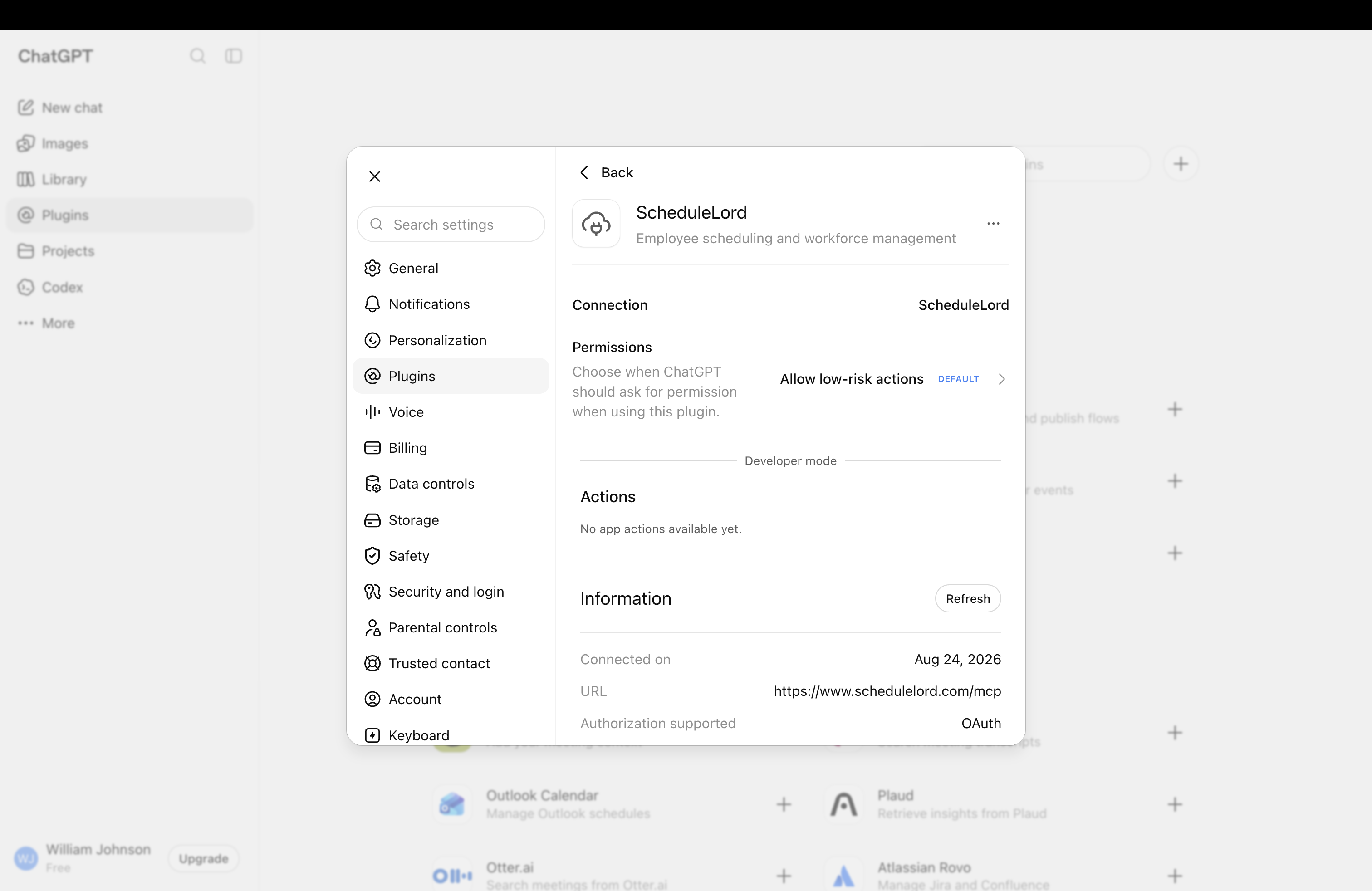 ScheduleLord plugin detail page showing connection info