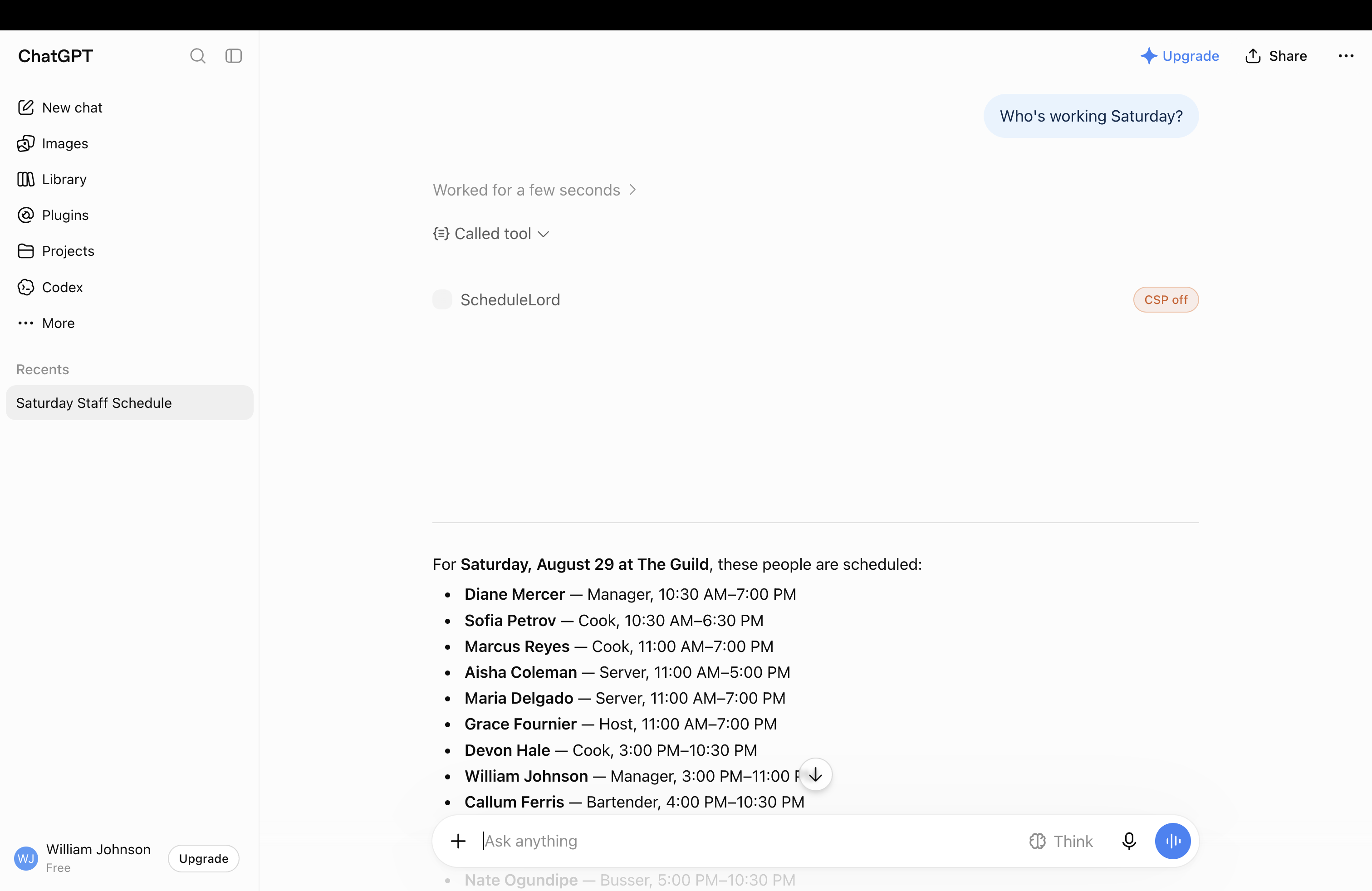 ChatGPT answering "Who's working Saturday?" by calling the ScheduleLord tool