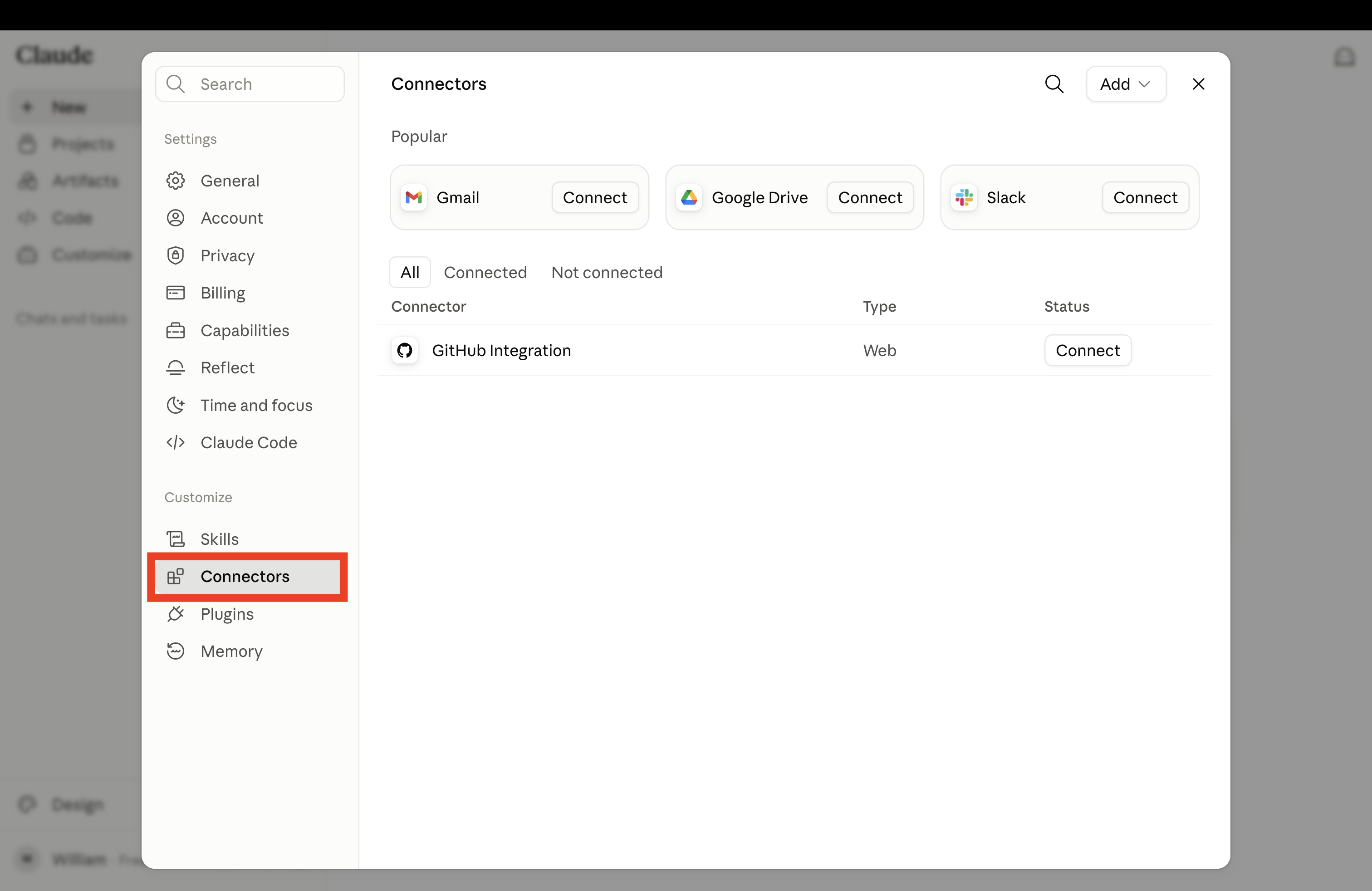 Settings → Connectors