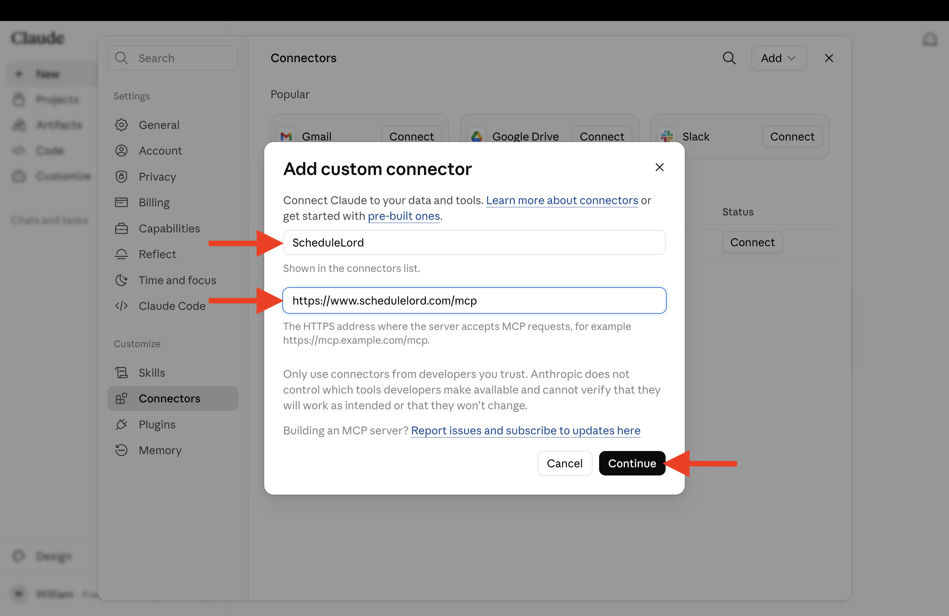 Add custom connector dialog filled in with the ScheduleLord MCP URL