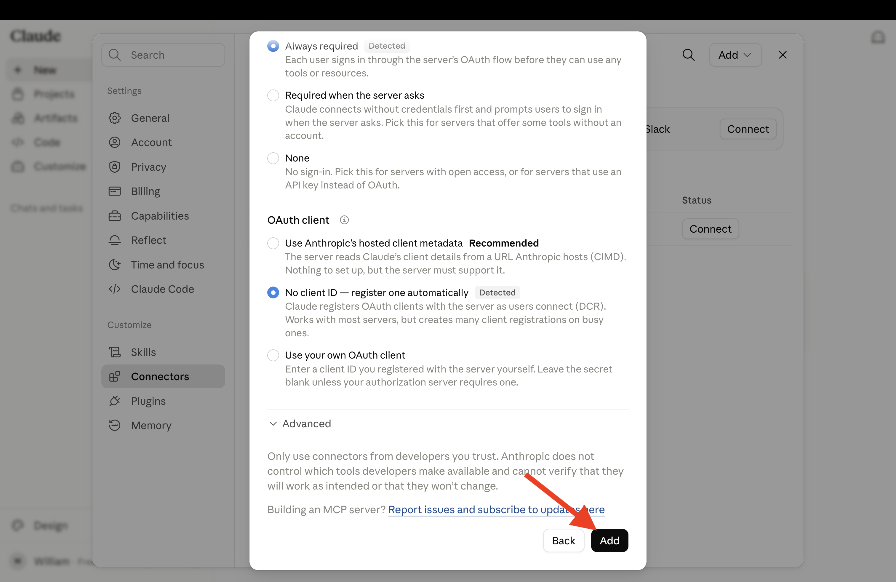 Authentication settings for the connector