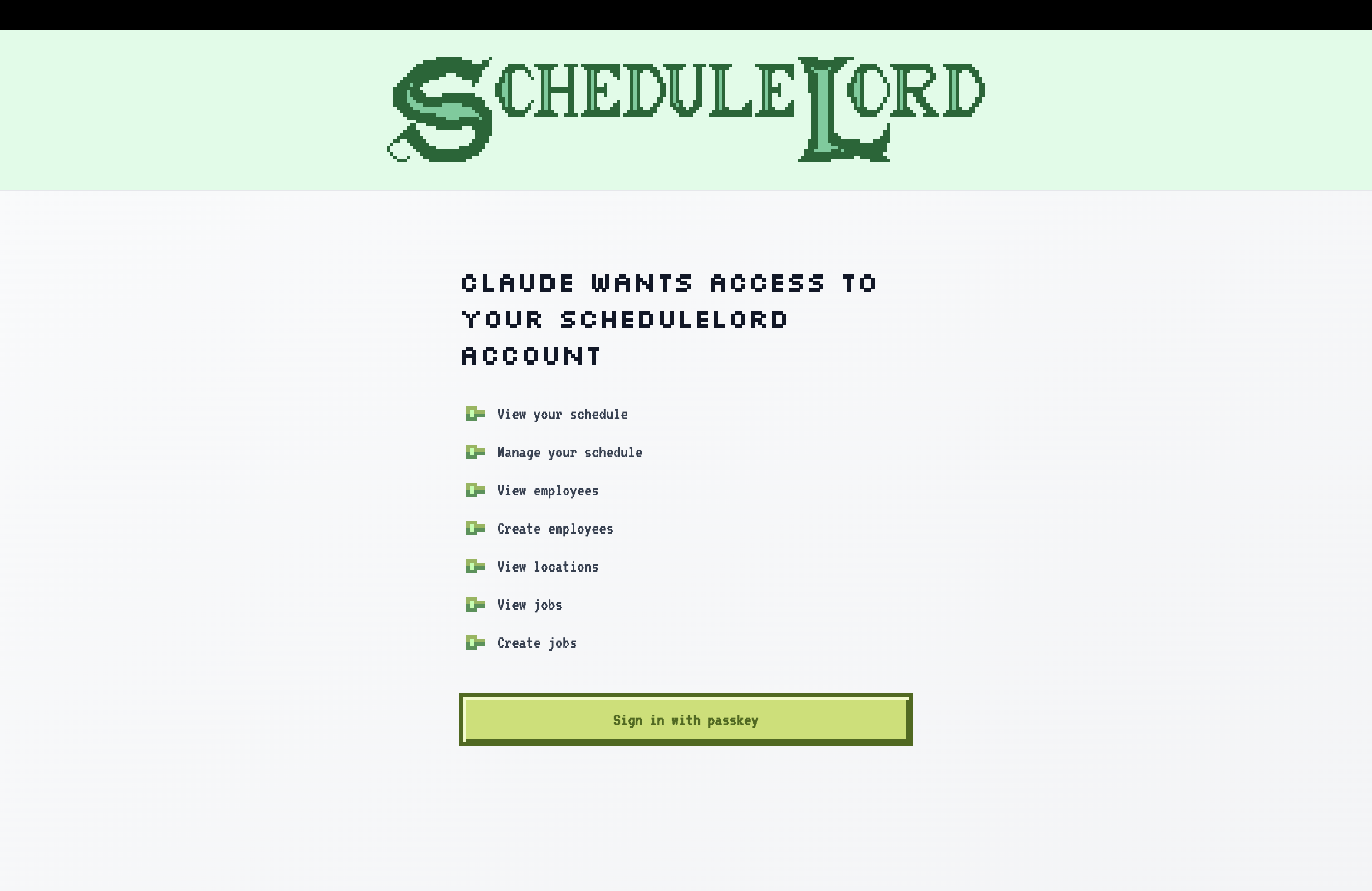 ScheduleLord authorization page requesting access on Claude's behalf