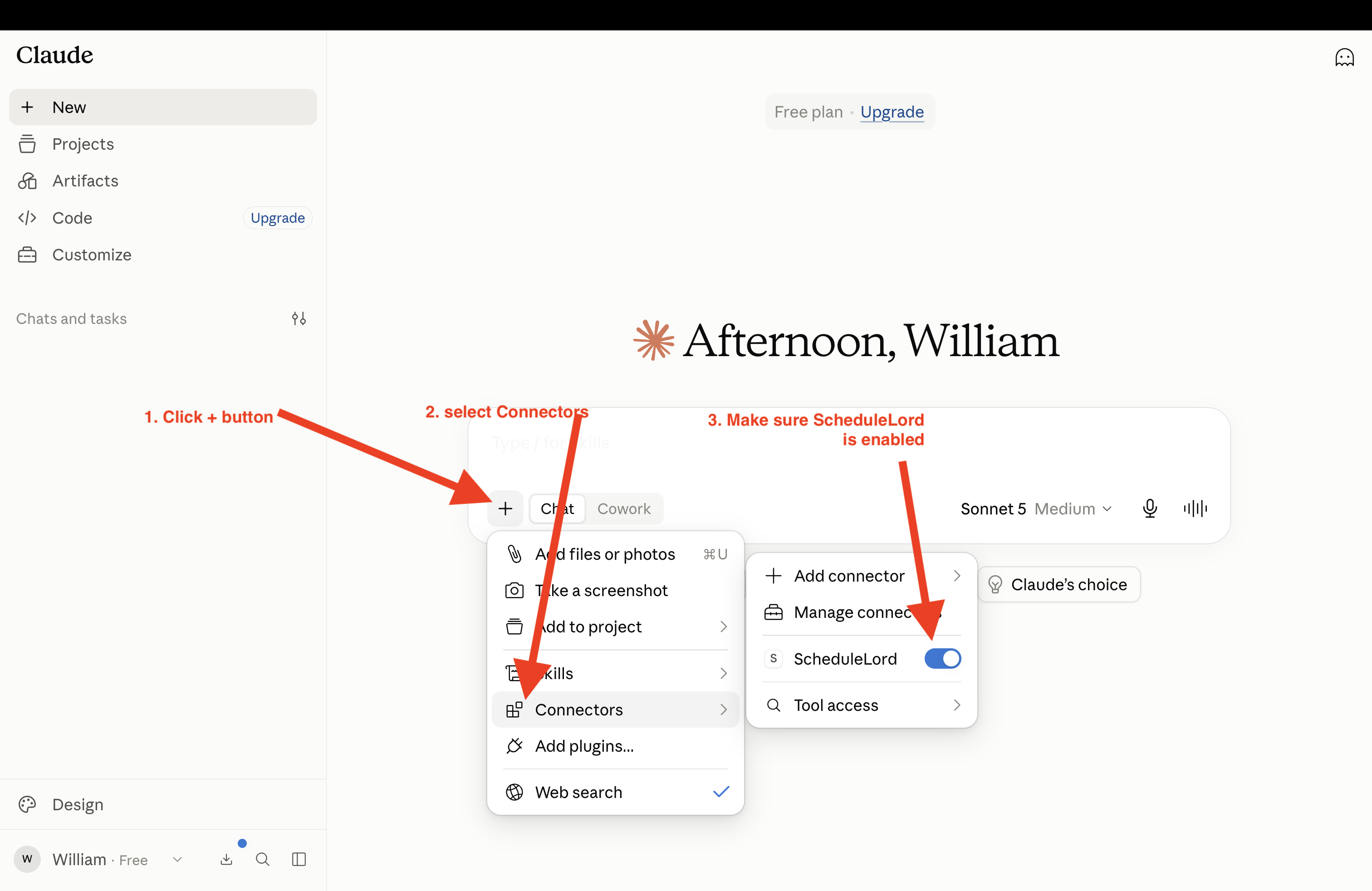 Enabling the ScheduleLord connector from the chat composer
