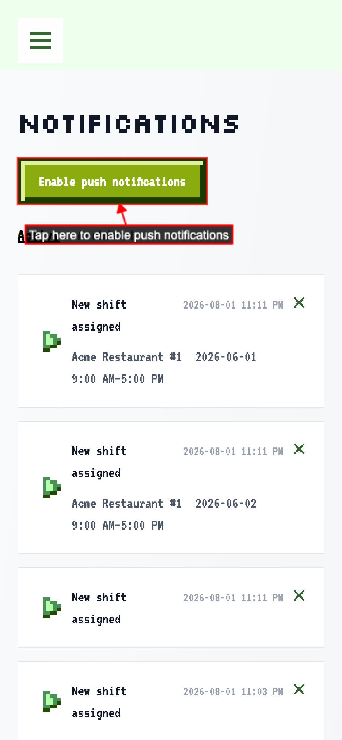 Enable push notifications on the notifications page