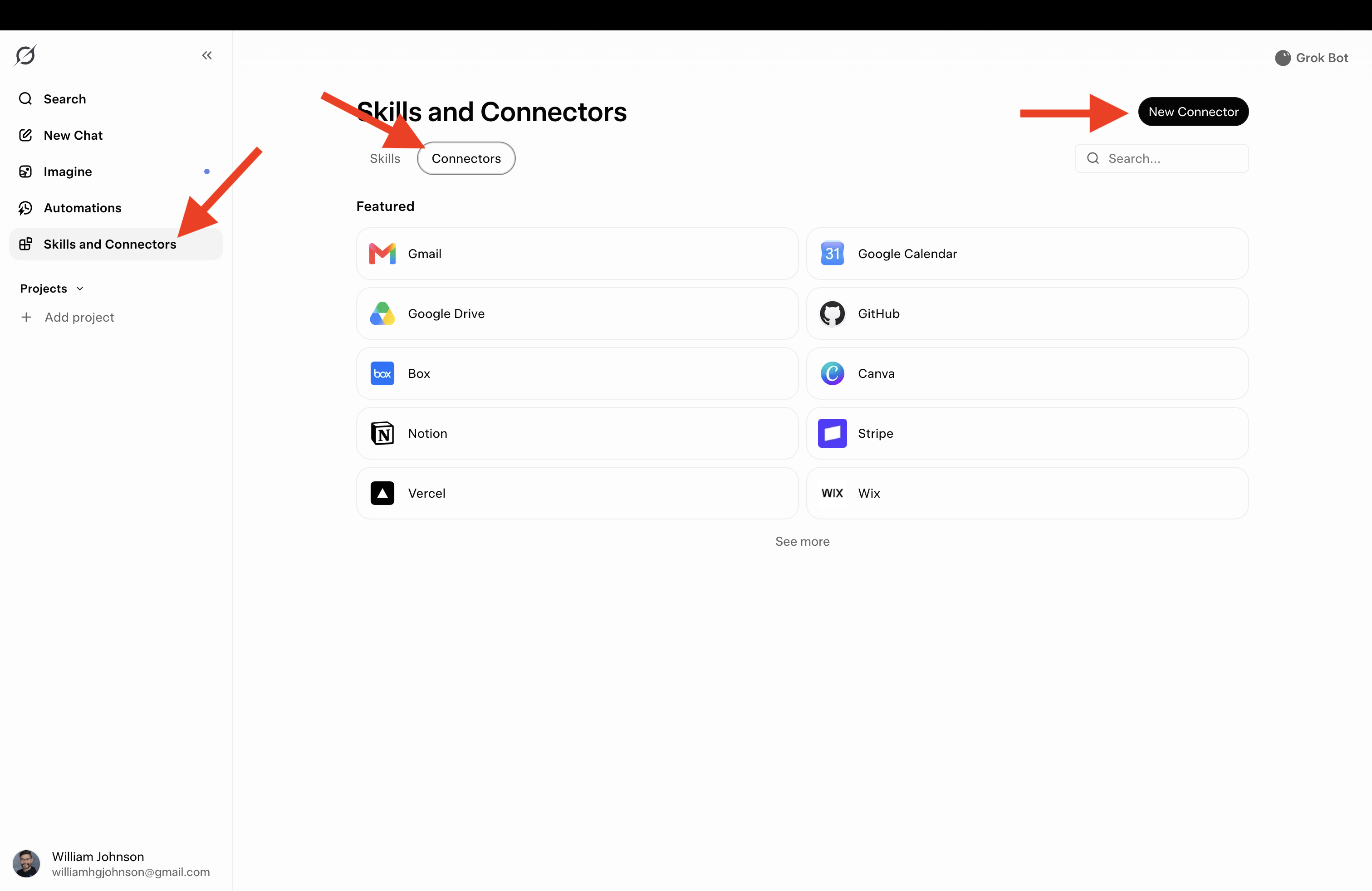 Skills and Connectors page with the Connectors tab and New Connector button highlighted