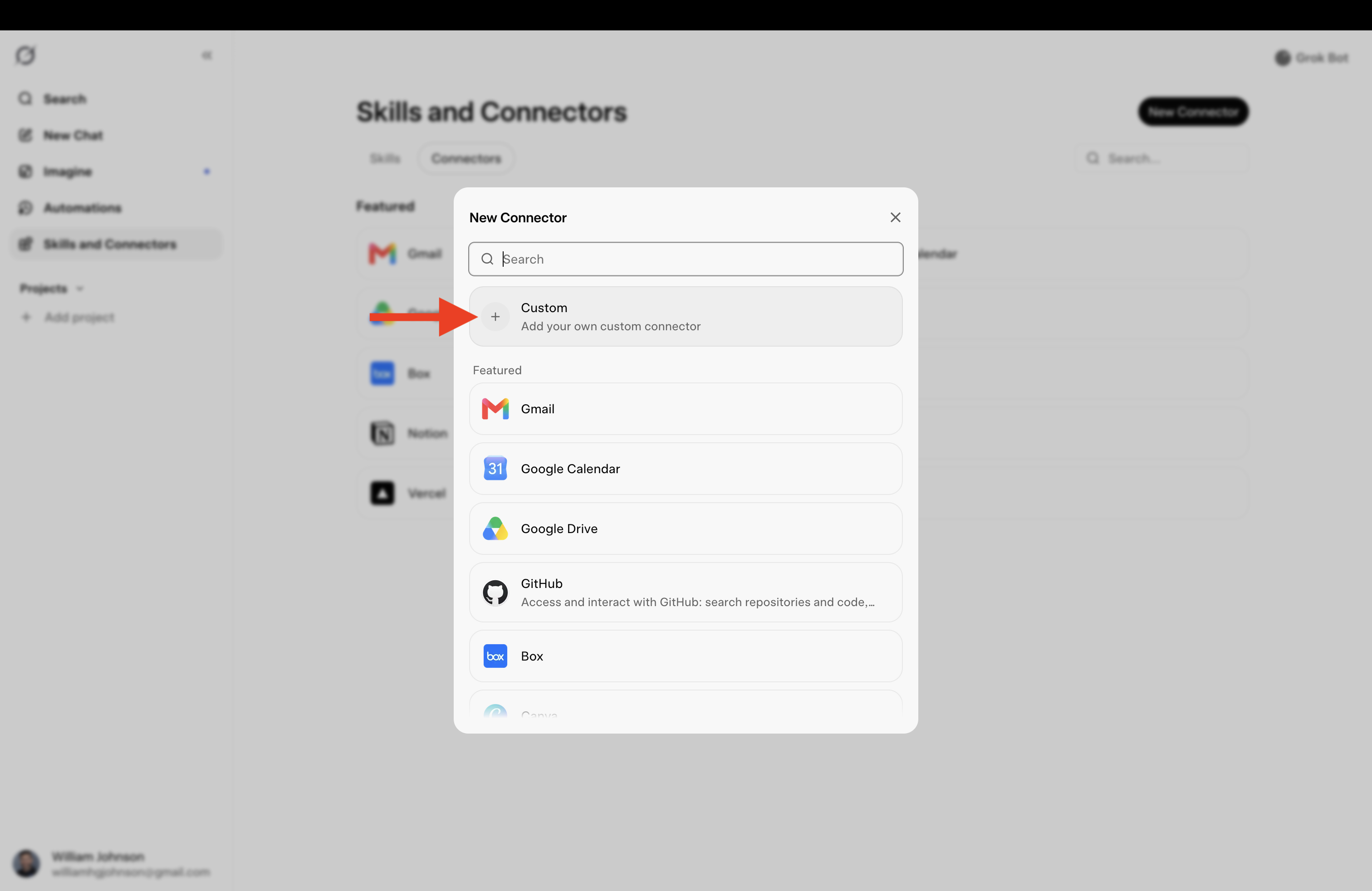 New Connector dialog with Custom selected