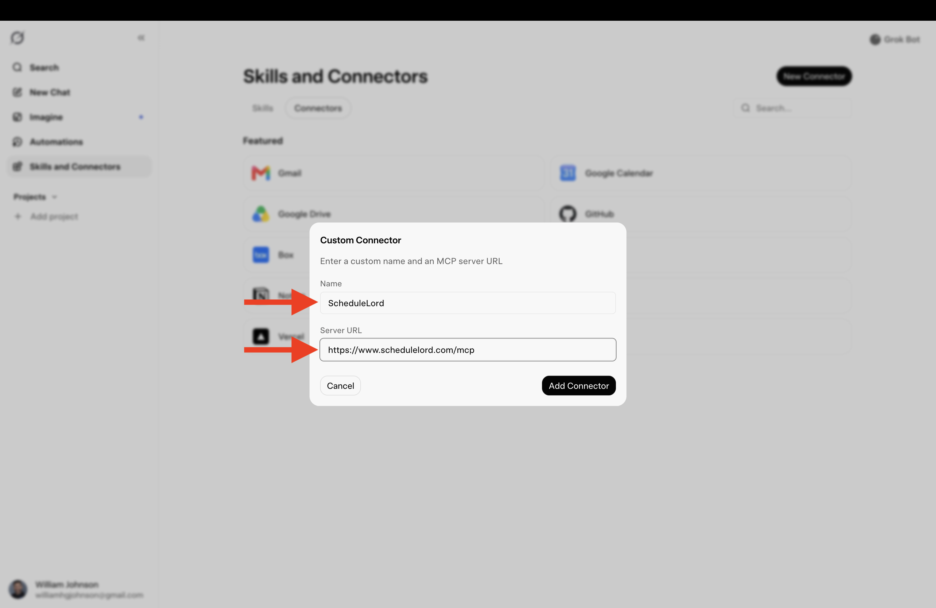 Custom Connector dialog filled in with ScheduleLord's name and MCP URL