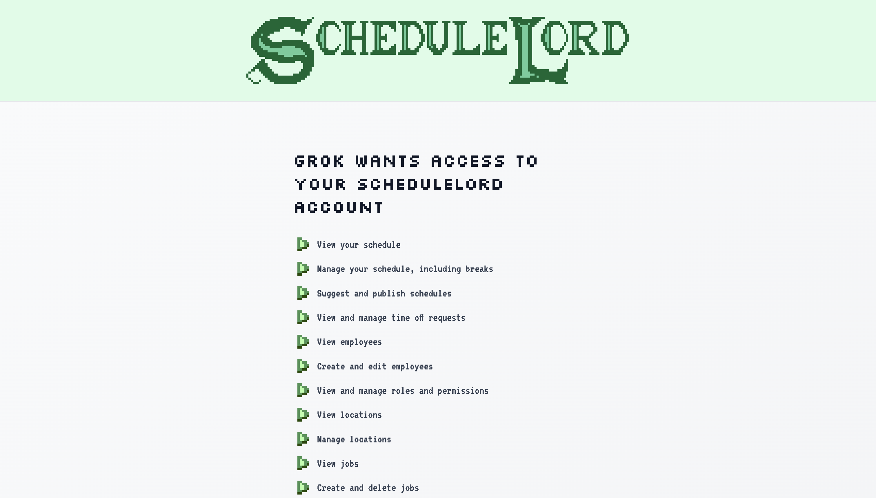 ScheduleLord authorization page requesting access on Grok's behalf