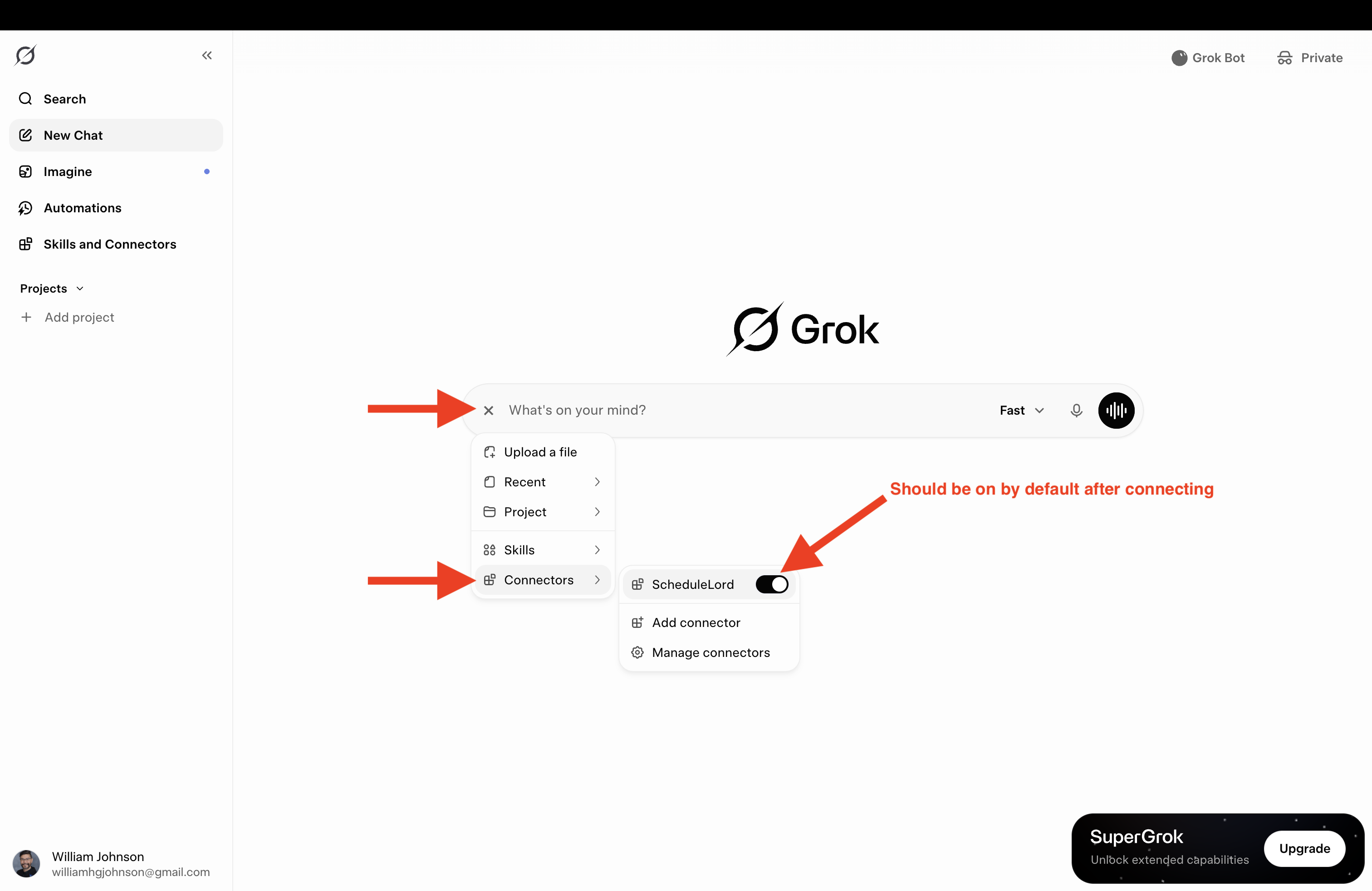 Chat composer's Connectors menu with ScheduleLord toggled on