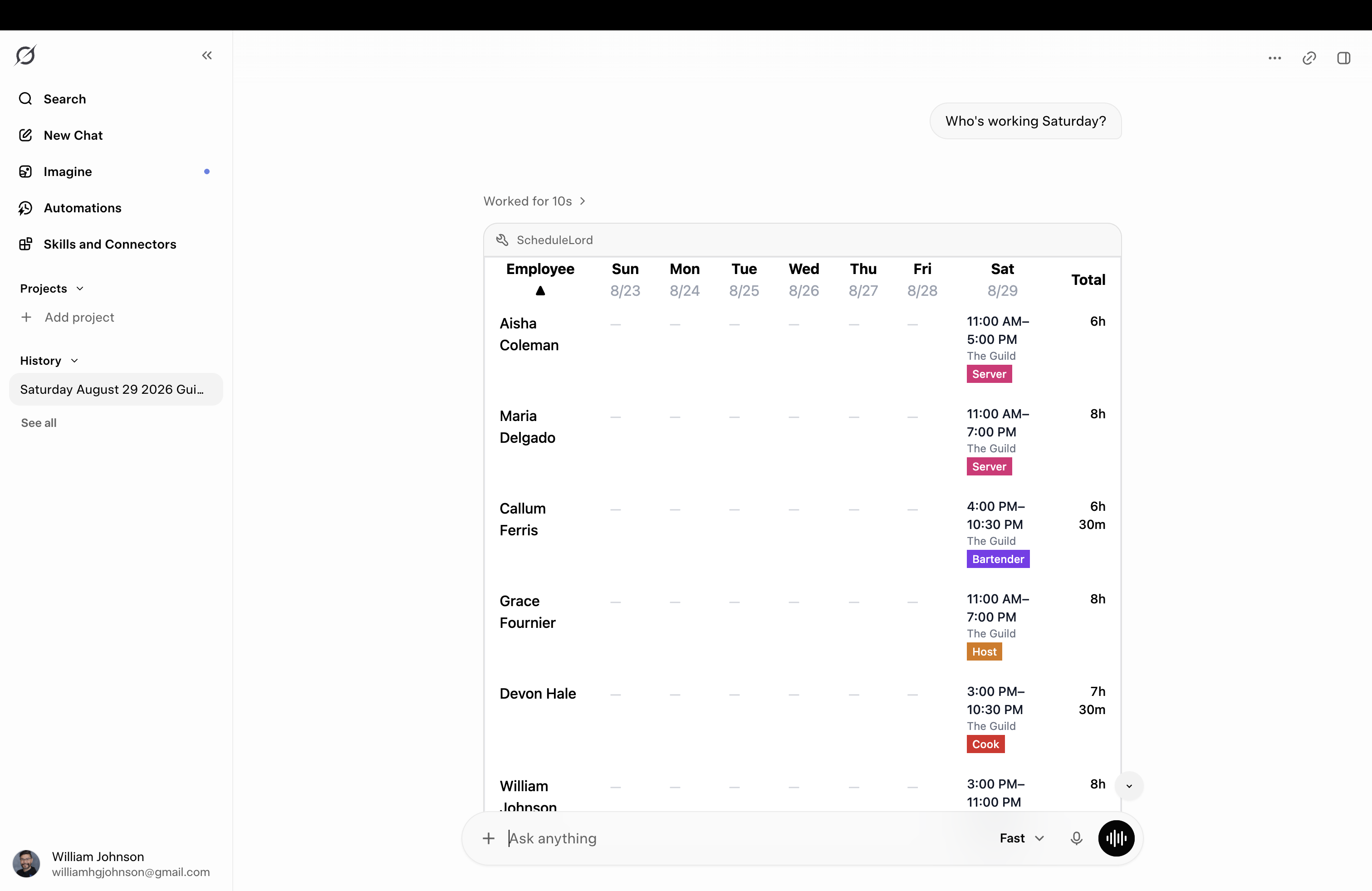 Grok answering "Who's working Saturday?" with a schedule table from the ScheduleLord connector