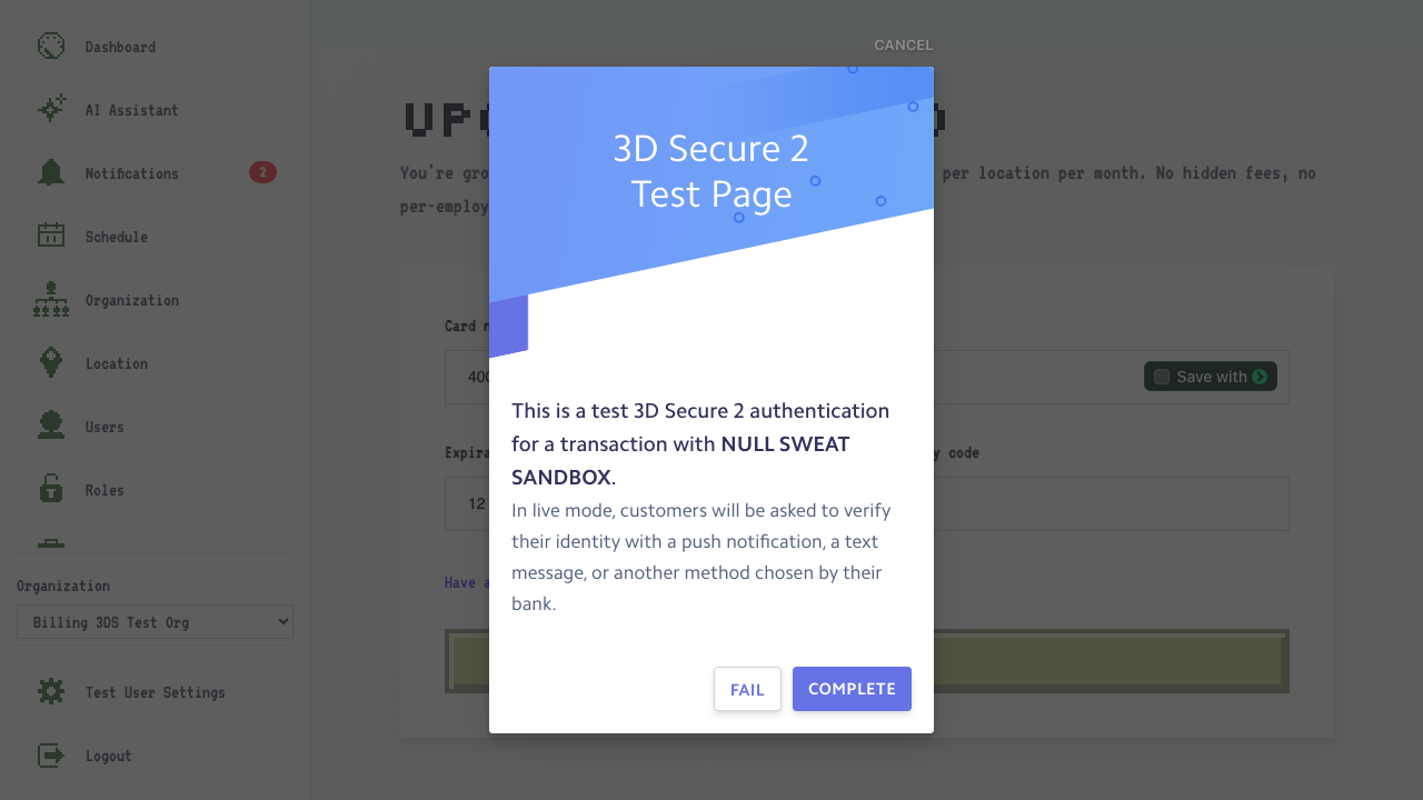 Test 3DS authentication challenge. The real one will appear different based off your card provider/bank.