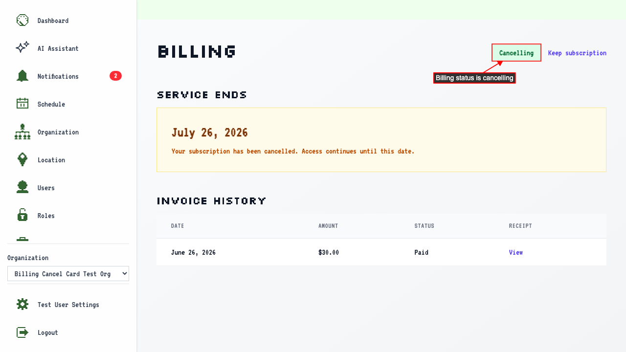 Billing Overview after cancelling with card removal — no card on file