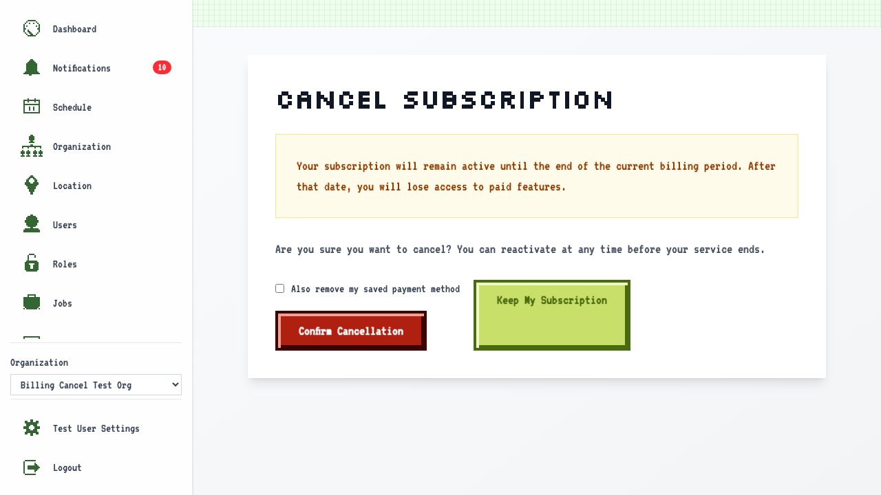 Cancel Subscription confirmation page