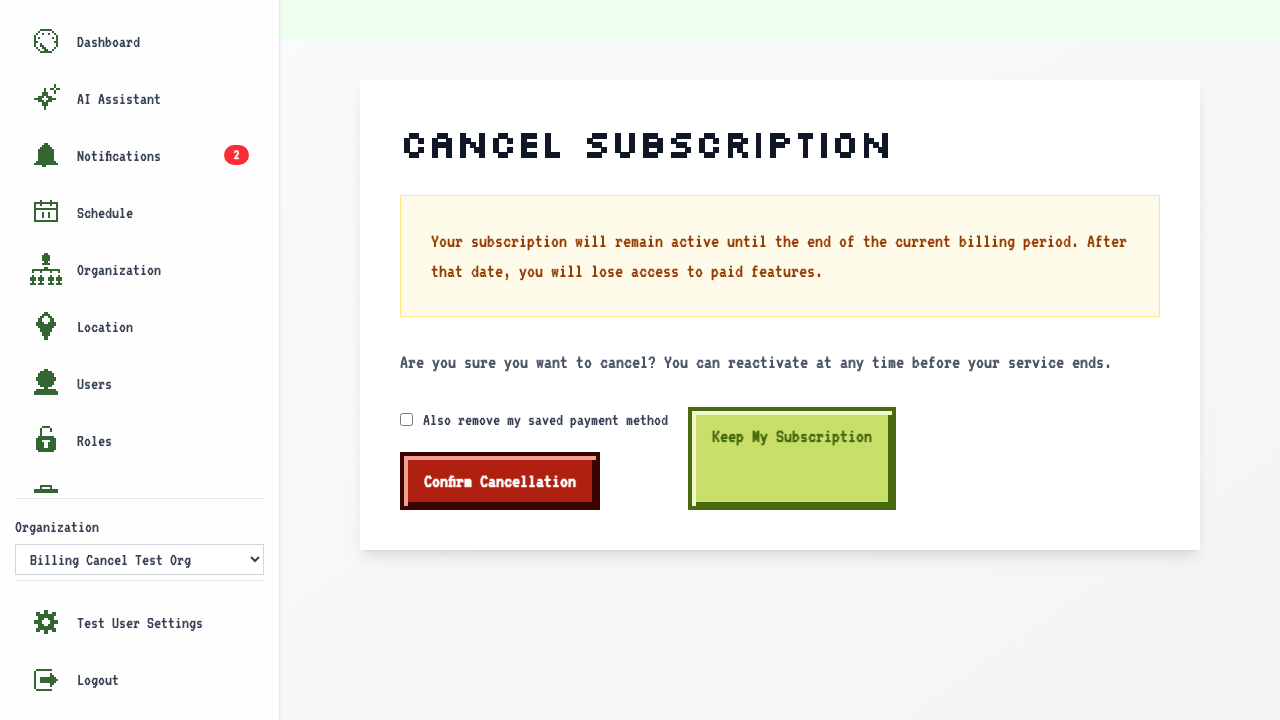 Cancel Subscription confirmation page