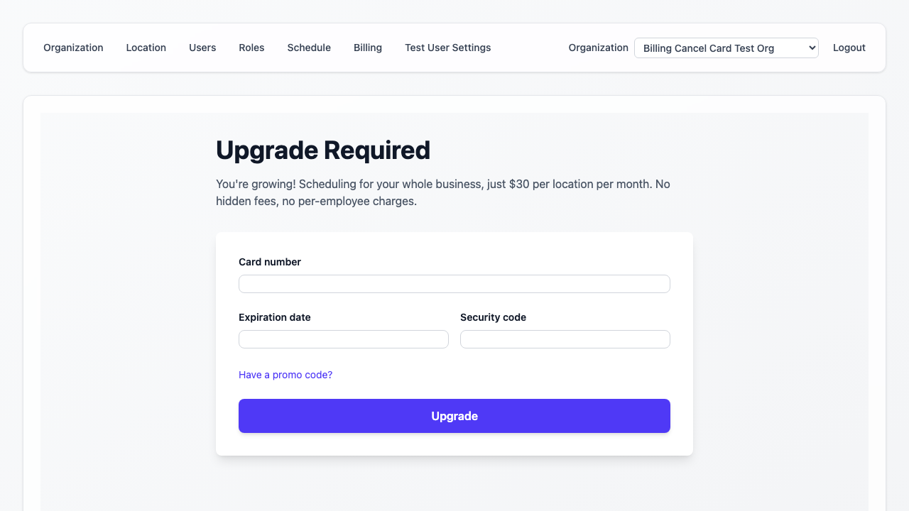 Upgrade page with no saved card option after card removal