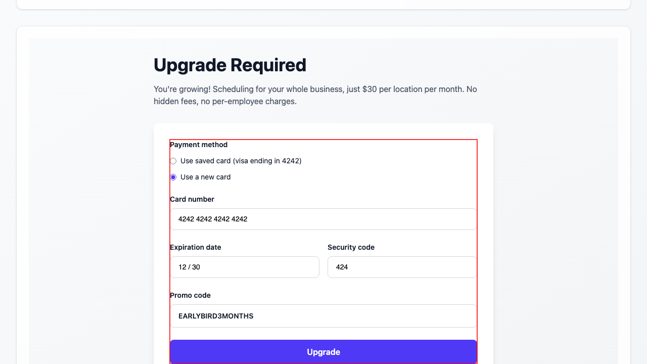 Upgrade form with promo code applied