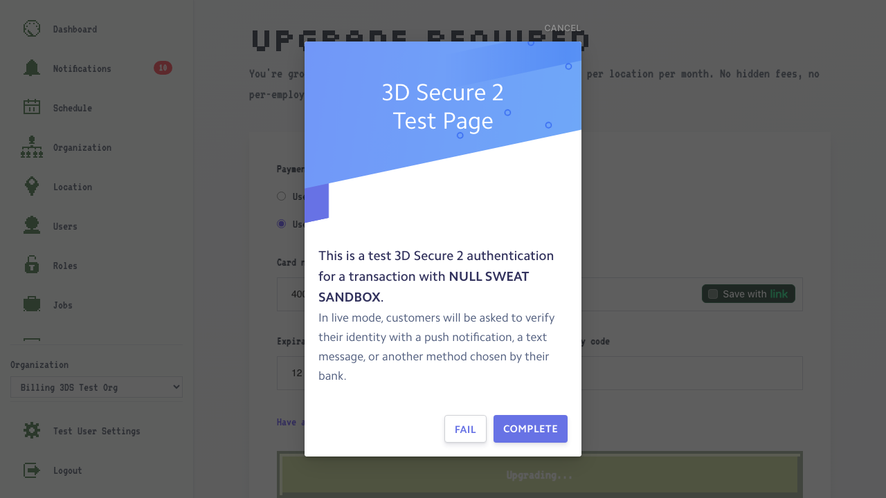 Test 3DS authentication challenge. The real one will appear different based off your card provider/bank.