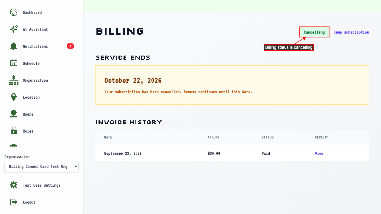 Billing Overview after cancelling with card removal — no card on file