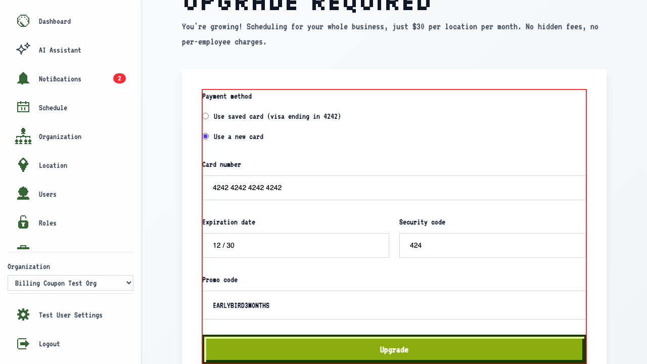 Upgrade form with promo code applied