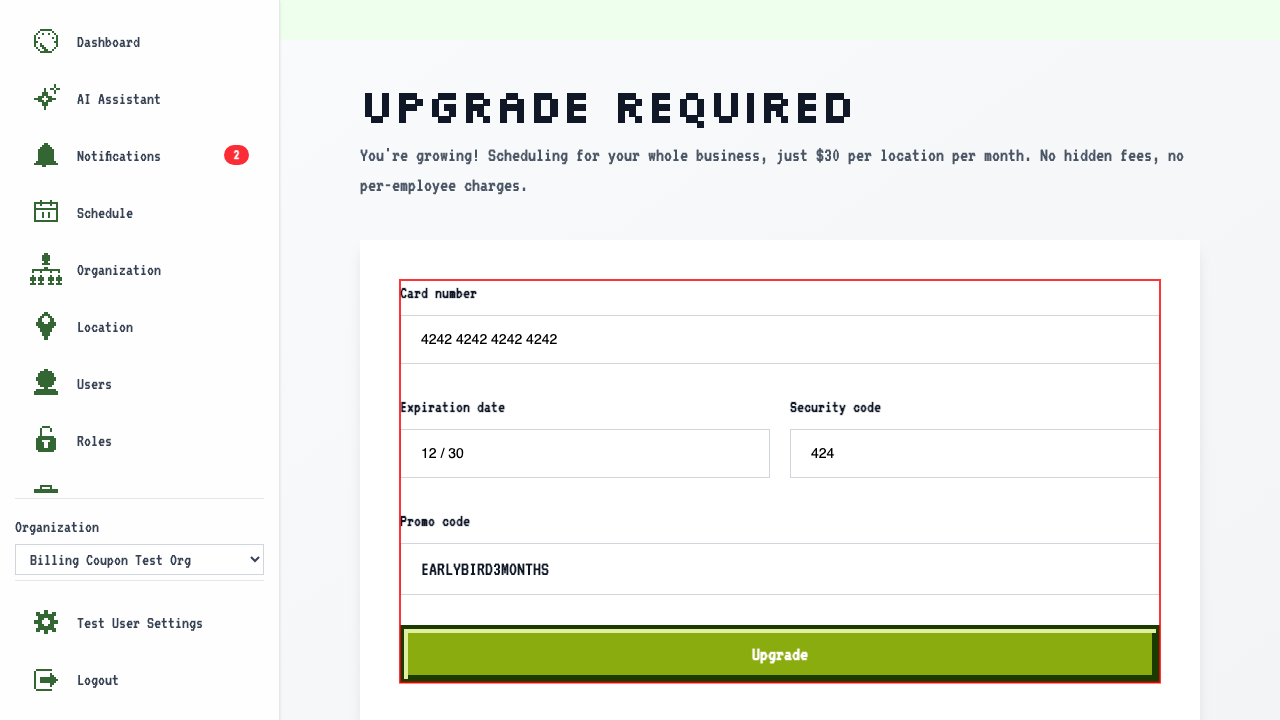 Upgrade form with promo code applied