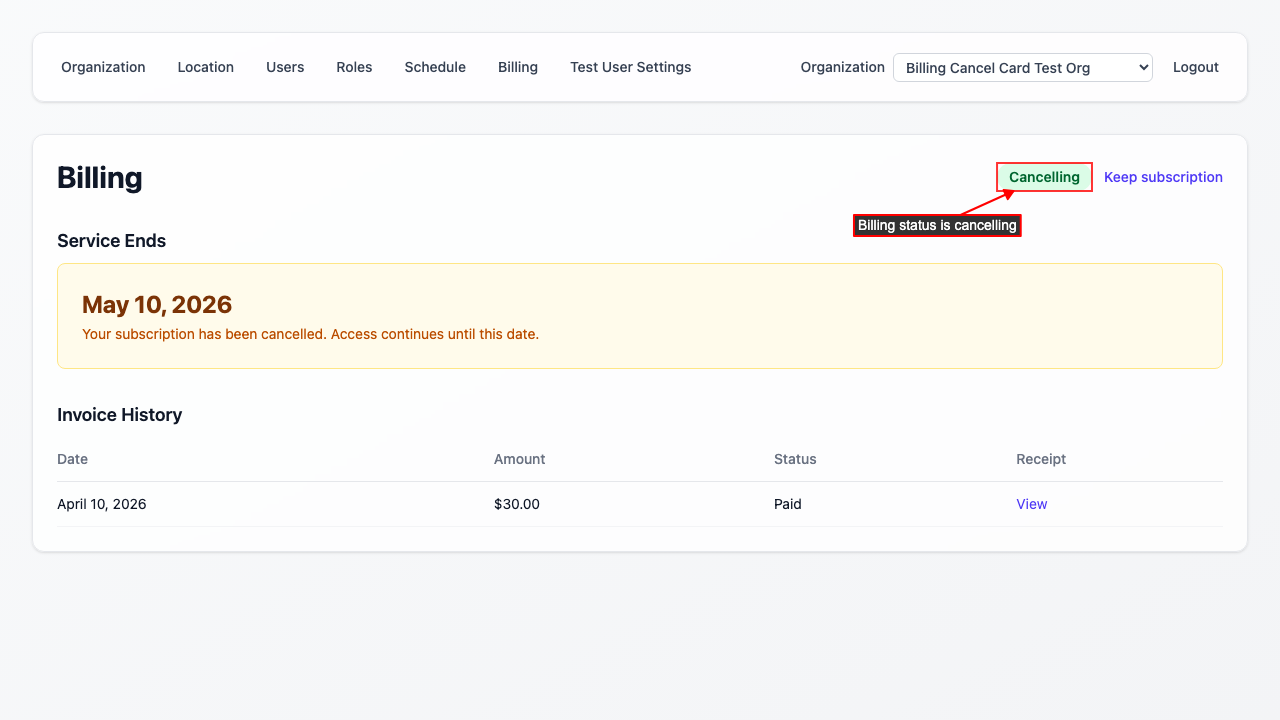 Billing Overview after cancelling with card removal — no card on file