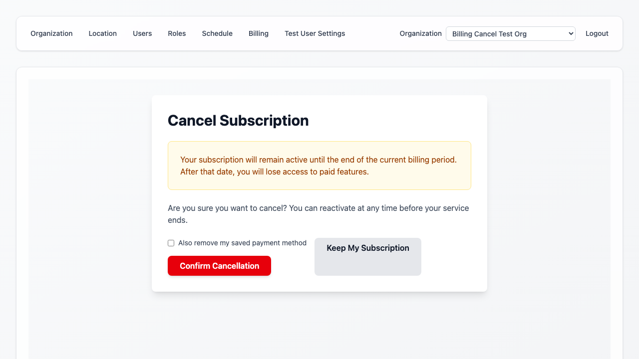 Cancel Subscription confirmation page