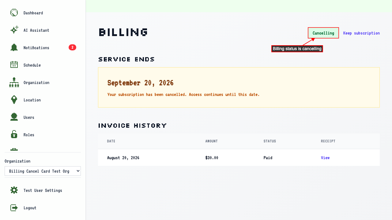 Billing Overview after cancelling with card removal — no card on file